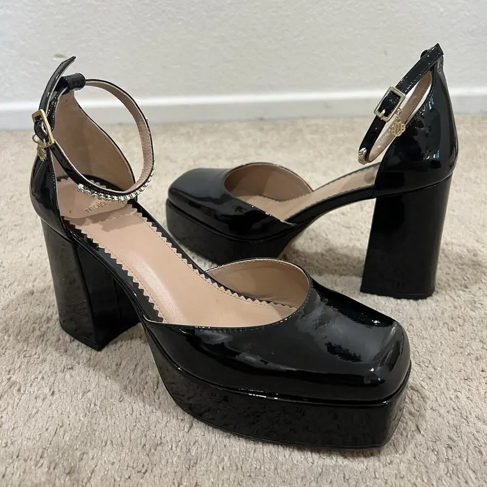 Maje Patent Leather Platform Black Heels size 38 Rhinestone Ankle Y2K Retro